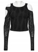 Black Stretch Knit Irregular Hollow-Out Off-Shoulder Daily Punk Style Long Sleeves Crop T-Shirt
