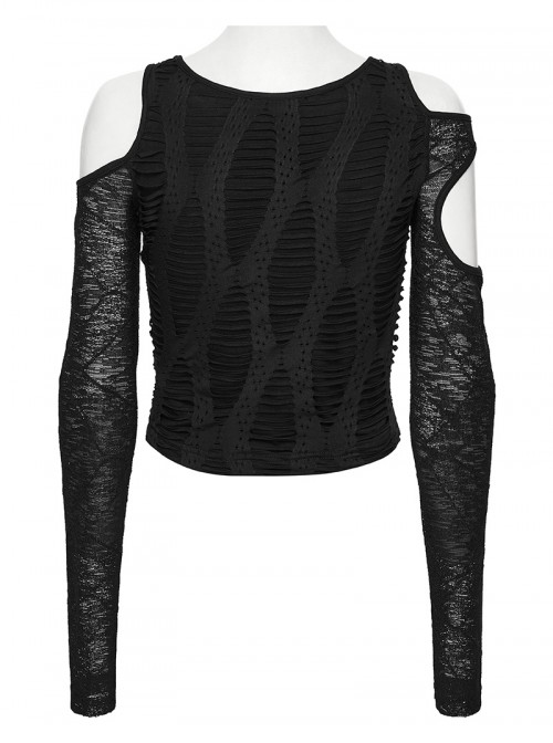Black Stretch Knit Irregular Hollow-Out Off-Shoulder Daily Punk Style Long Sleeves Crop T-Shirt