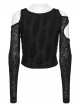 Black Stretch Knit Irregular Hollow-Out Off-Shoulder Daily Punk Style Long Sleeves Crop T-Shirt