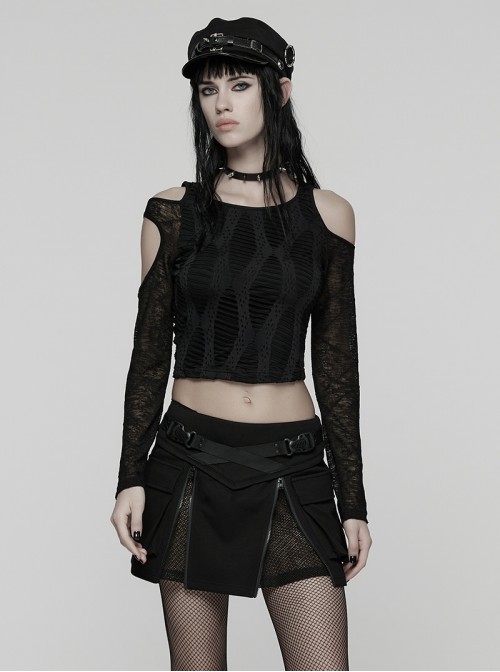 Black Stretch Knit Irregular Hollow-Out Off-Shoulder Daily Punk Style Long Sleeves Crop T-Shirt