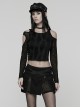 Black Stretch Knit Irregular Hollow-Out Off-Shoulder Daily Punk Style Long Sleeves Crop T-Shirt