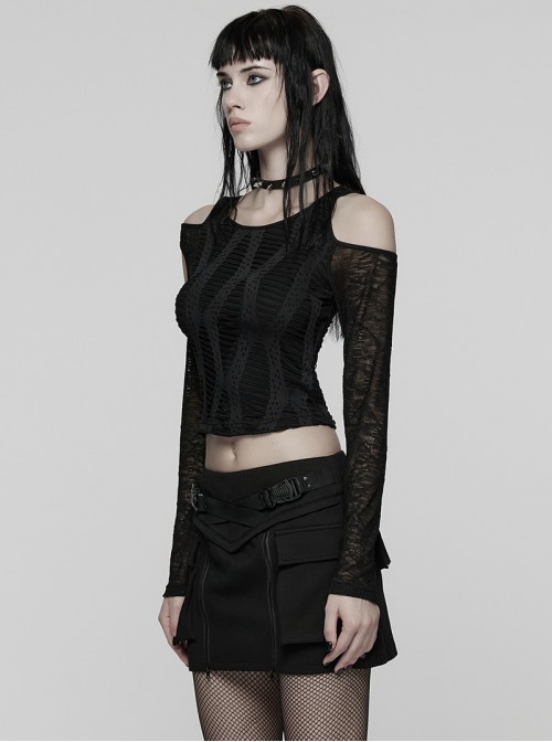 Black Stretch Knit Irregular Hollow-Out Off-Shoulder Daily Punk Style Long Sleeves Crop T-Shirt