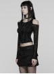 Black Stretch Knit Irregular Hollow-Out Off-Shoulder Daily Punk Style Long Sleeves Crop T-Shirt