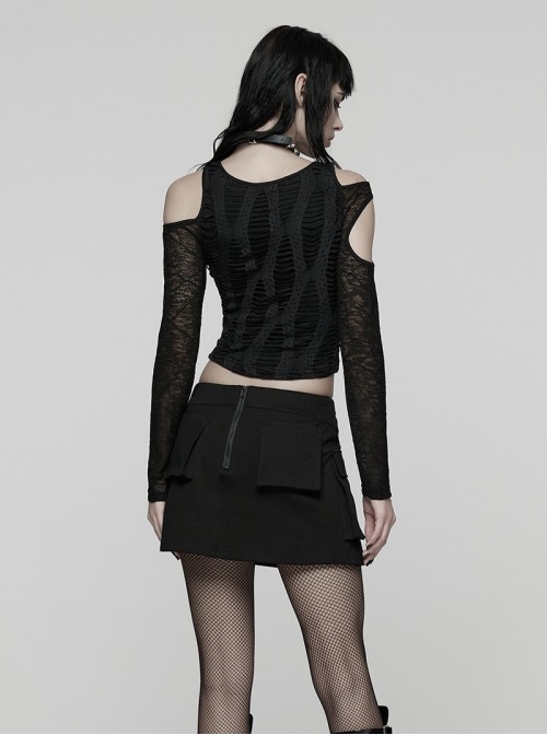 Black Stretch Knit Irregular Hollow-Out Off-Shoulder Daily Punk Style Long Sleeves Crop T-Shirt