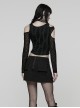 Black Stretch Knit Irregular Hollow-Out Off-Shoulder Daily Punk Style Long Sleeves Crop T-Shirt