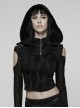 Black Stretch Denim Hooded Stand Collar Front Pleats Punk Style Wasteland Short Vest