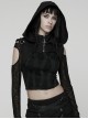 Black Stretch Denim Hooded Stand Collar Front Pleats Punk Style Wasteland Short Vest