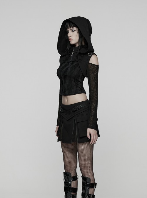 Black Stretch Denim Hooded Stand Collar Front Pleats Punk Style Wasteland Short Vest