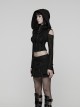 Black Stretch Denim Hooded Stand Collar Front Pleats Punk Style Wasteland Short Vest