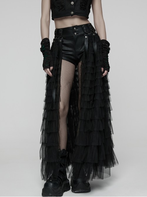 Black Shiny Pressure-Bonded Knit Detachable Fluffy Mesh Tulle Hem Sweet Punk Style Culottes