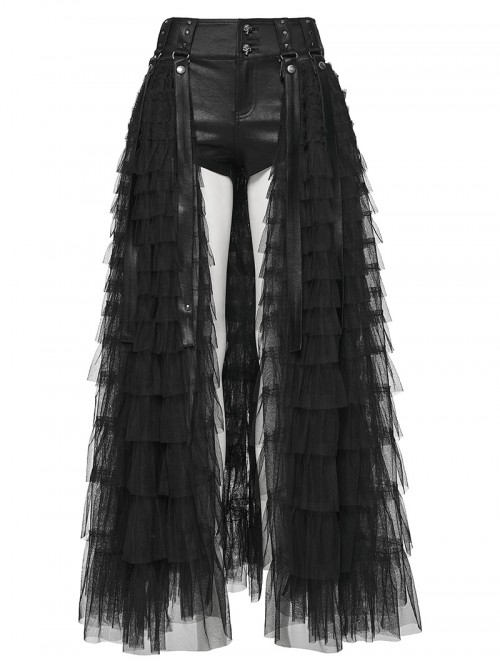 Black Shiny Pressure-Bonded Knit Detachable Fluffy Mesh Tulle Hem Sweet Punk Style Culottes