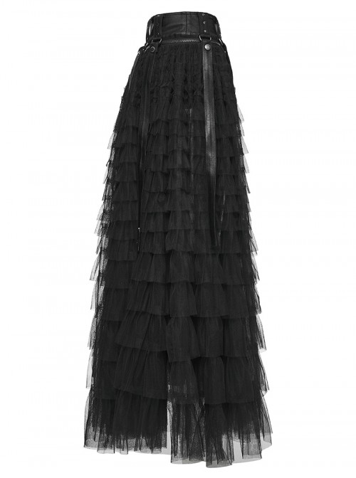 Black Shiny Pressure-Bonded Knit Detachable Fluffy Mesh Tulle Hem Sweet Punk Style Culottes