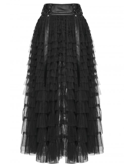 Black Shiny Pressure-Bonded Knit Detachable Fluffy Mesh Tulle Hem Sweet Punk Style Culottes