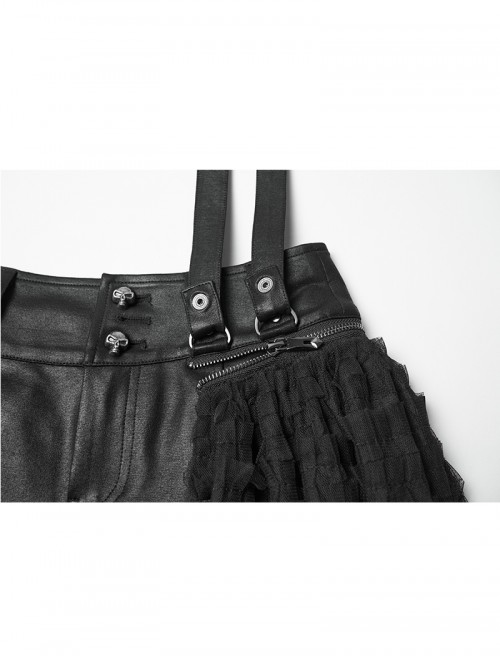 Black Shiny Pressure-Bonded Knit Detachable Fluffy Mesh Tulle Hem Sweet Punk Style Culottes