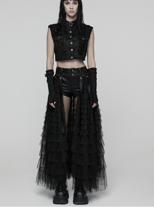 Black Shiny Pressure-Bonded Knit Detachable Fluffy Mesh Tulle Hem Sweet Punk Style Culottes