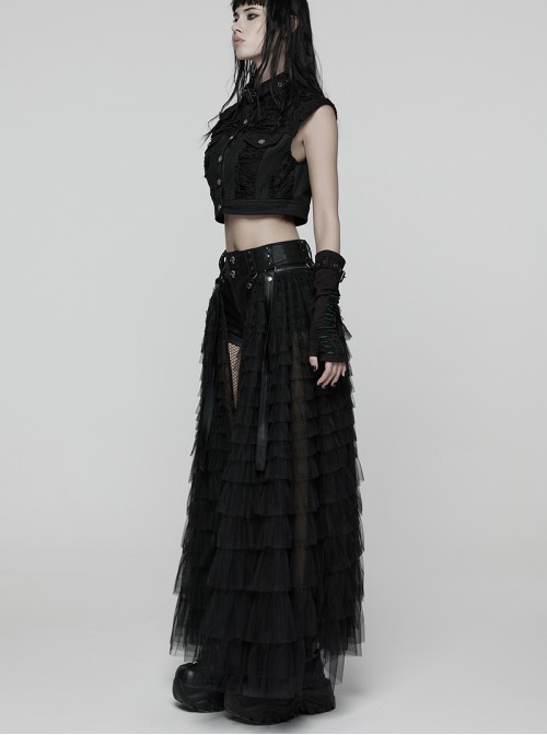 Black Shiny Pressure-Bonded Knit Detachable Fluffy Mesh Tulle Hem Sweet Punk Style Culottes