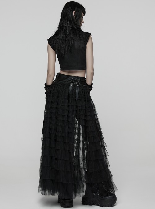 Black Shiny Pressure-Bonded Knit Detachable Fluffy Mesh Tulle Hem Sweet Punk Style Culottes