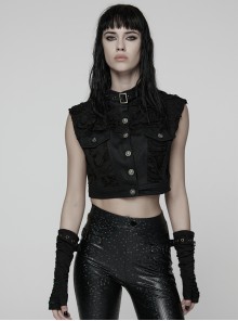 Black Ragged Mesh Splicing Woven Stand Collar Cool Loose Short Silhouette Punk Style Vest