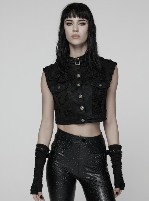 Black Ragged Mesh Splicing Woven Stand Collar Cool Loose Short Silhouette Punk Style Vest