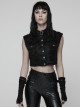 Black Ragged Mesh Splicing Woven Stand Collar Cool Loose Short Silhouette Punk Style Vest