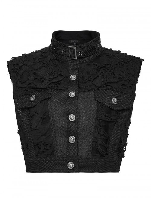 Black Ragged Mesh Splicing Woven Stand Collar Cool Loose Short Silhouette Punk Style Vest