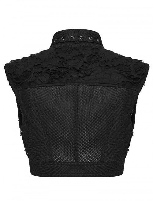 Black Ragged Mesh Splicing Woven Stand Collar Cool Loose Short Silhouette Punk Style Vest