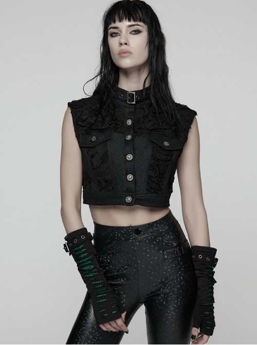 Black Ragged Mesh Splicing Woven Stand Collar Cool Loose Short Silhouette Punk Style Vest