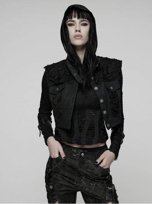 Black Ragged Mesh Splicing Woven Stand Collar Cool Loose Short Silhouette Punk Style Vest