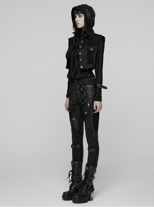 Black Ragged Mesh Splicing Woven Stand Collar Cool Loose Short Silhouette Punk Style Vest