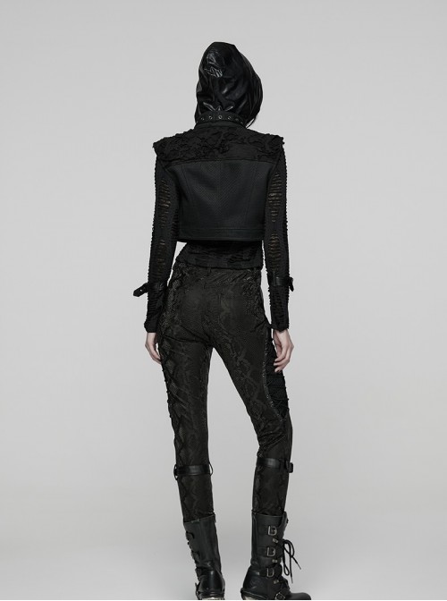 Black Ragged Mesh Splicing Woven Stand Collar Cool Loose Short Silhouette Punk Style Vest