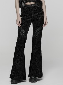 Black Luxury Rose Jacquard Velvet Splicing Textured Faux Leather Sides Webbing Court Gothic Style Flared Pants