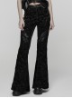Black Luxury Rose Jacquard Velvet Splicing Textured Faux Leather Sides Webbing Court Gothic Style Flared Pants