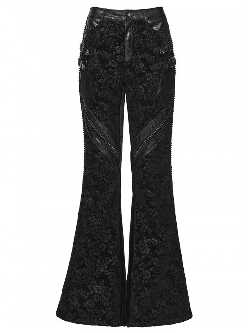 Black Luxury Rose Jacquard Velvet Splicing Textured Faux Leather Sides Webbing Court Gothic Style Flared Pants