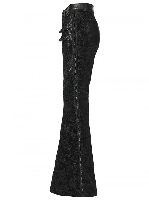 Black Luxury Rose Jacquard Velvet Splicing Textured Faux Leather Sides Webbing Court Gothic Style Flared Pants