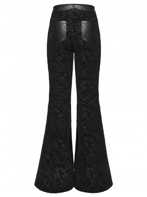 Black Luxury Rose Jacquard Velvet Splicing Textured Faux Leather Sides Webbing Court Gothic Style Flared Pants