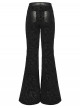 Black Luxury Rose Jacquard Velvet Splicing Textured Faux Leather Sides Webbing Court Gothic Style Flared Pants