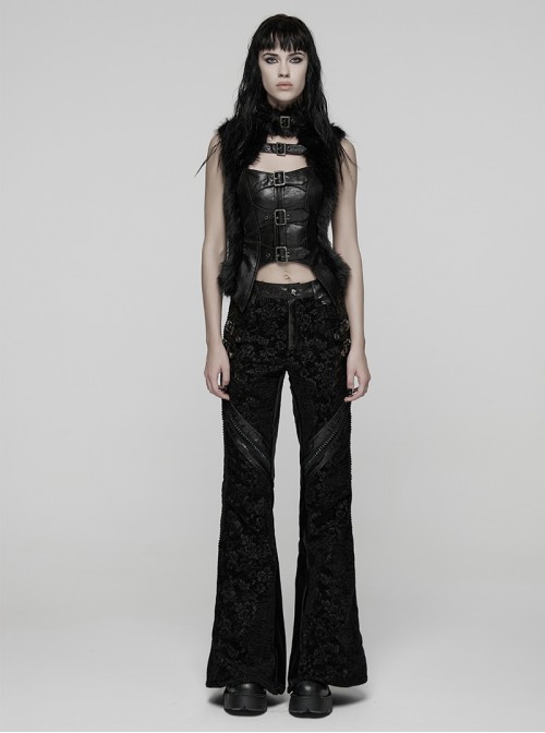 Black Luxury Rose Jacquard Velvet Splicing Textured Faux Leather Sides Webbing Court Gothic Style Flared Pants