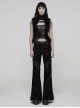 Black Luxury Rose Jacquard Velvet Splicing Textured Faux Leather Sides Webbing Court Gothic Style Flared Pants