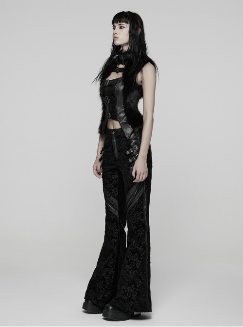 Black Luxury Rose Jacquard Velvet Splicing Textured Faux Leather Sides Webbing Court Gothic Style Flared Pants