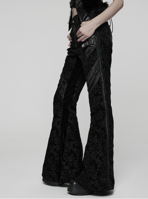 Black Luxury Rose Jacquard Velvet Splicing Textured Faux Leather Sides Webbing Court Gothic Style Flared Pants
