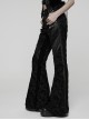 Black Luxury Rose Jacquard Velvet Splicing Textured Faux Leather Sides Webbing Court Gothic Style Flared Pants
