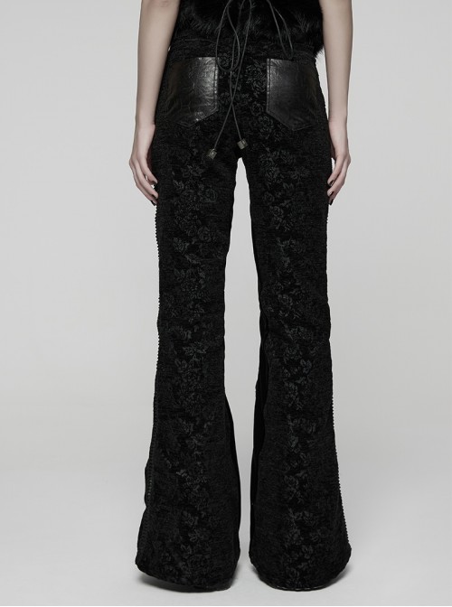 Black Luxury Rose Jacquard Velvet Splicing Textured Faux Leather Sides Webbing Court Gothic Style Flared Pants