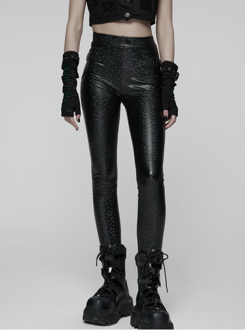Black Printing Stretch Rubberized Knitted Simple Versatile Gothic Style Leggings