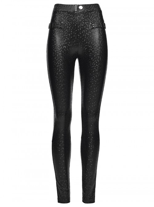 Black Printing Stretch Rubberized Knitted Simple Versatile Gothic Style Leggings