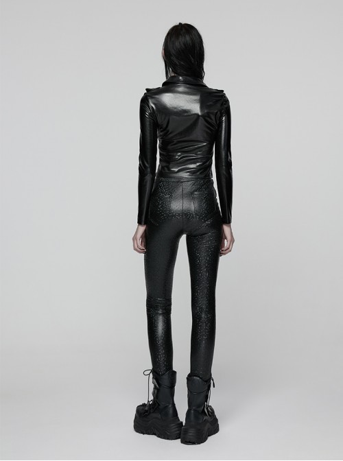 Black Printing Stretch Rubberized Knitted Simple Versatile Gothic Style Leggings