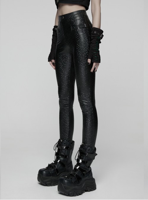 Black Printing Stretch Rubberized Knitted Simple Versatile Gothic Style Leggings