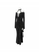 Deep V-Neck Lace-Up Choker Long Sleeve Halter Side Slit Long Black Punk Dress