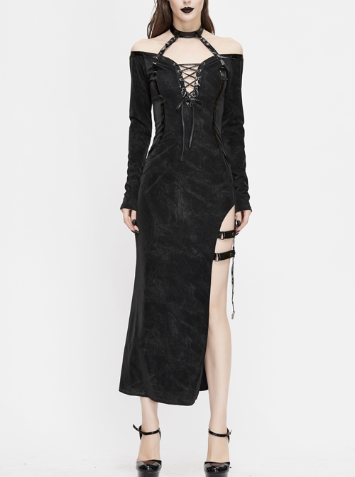 Deep V-Neck Lace-Up Choker Long Sleeve Halter Side Slit Long Black Punk Dress