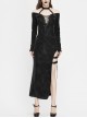 Deep V-Neck Lace-Up Choker Long Sleeve Halter Side Slit Long Black Punk Dress