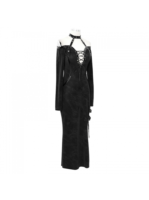 Deep V-Neck Lace-Up Choker Long Sleeve Halter Side Slit Long Black Punk Dress